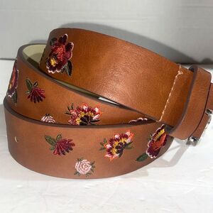 Womens XL Brown Faux Leather Flower Embroidered Belt 45.5" Long Boho Cowgirl
